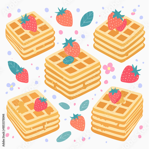 Sweet golden waffles with fresh strawberries and mint leaves, a delightful breakfast or dessert pattern illustration