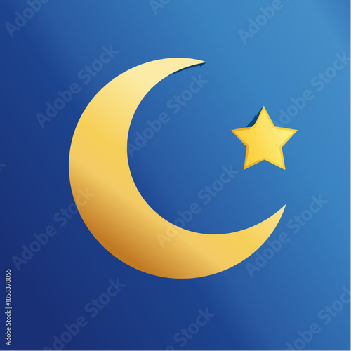 Golden crescent moon and star symbol on blue gradient, representing celestial beauty and spiritual contemplation