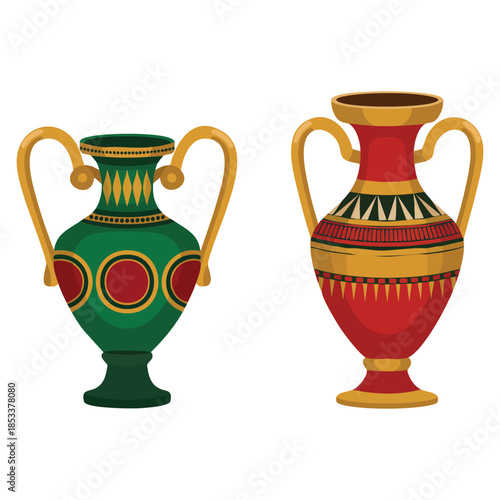 Egyptian clay vase with old ornament vector set illustration perfect for historical decor museum themed design and ancient pottery artwork concepts