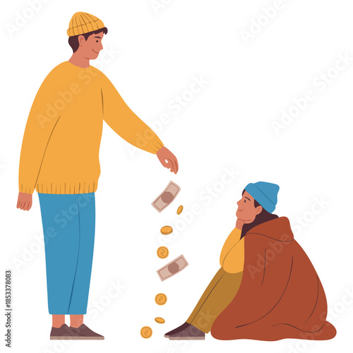 Eid Al Adha Muslim holy Islamic holiday vector illustration of man giving money to homeless ideal for charity support and religious festive themed designs