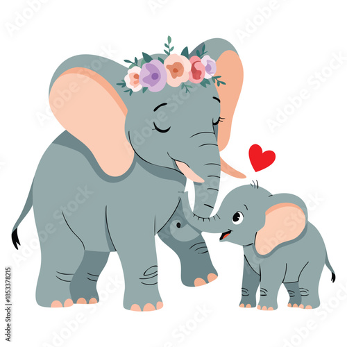 Elephant mom with flower wreath and baby vector illustration animal parenthood colorful cartoon fauna characters ideal for family or wildlife themes