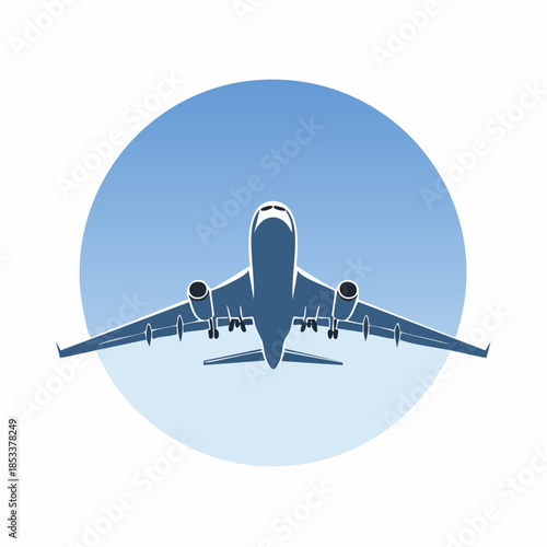 Sleek jetliner ascending against a clear blue circular background, embodying the spirit of flight and seamless worldwide journeys