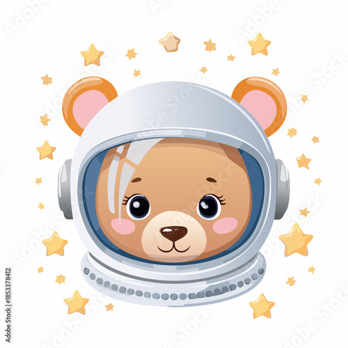 Adorable cartoon bear in astronaut helmet gazing at the stars, ready for a whimsical cosmic adventure