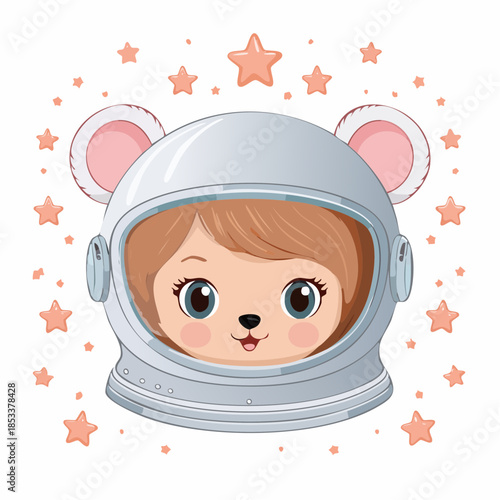 Adorable cartoon character with mouse ears in an astronaut helmet surrounded by sparkling stars.