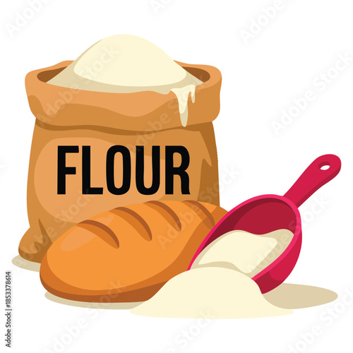 Farm and farming illustration featuring cloth sack of flour scooper and fresh bread set in colorful cartoon style perfect for baking and food themed designs