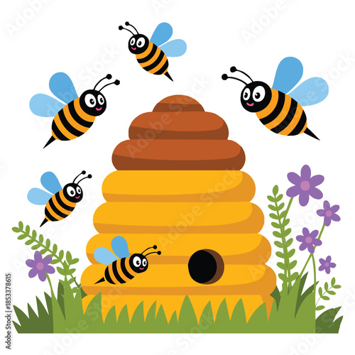 Farm apiculture wooden beehive with bees vector illustration suitable for honey production agricultural equipment and cartoon nature themed design