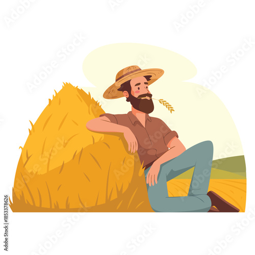 Farmer sitting by haystack tired resting vector illustration isolated on white background suitable for agriculture rural farm work and countryside life designs