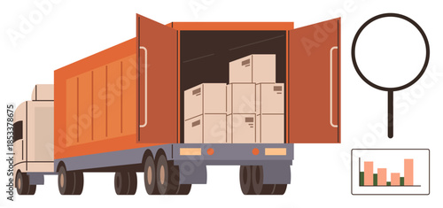 Cargo truck loaded with boxes in open trailer, large magnifying glass, and growth analytics chart. Ideal for logistics, transportation, inventory management, supply chain, export, import business