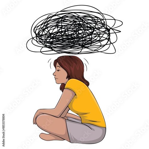 Female menstruation illustration showing young beautiful woman with hurting belly cramp period pain sitting on floor expressing discomfort ideal for health themed artwork