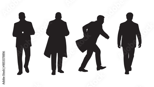 Silhouetted businessmen in various poses with briefcase in minimalist black style on white background for corporate illustration