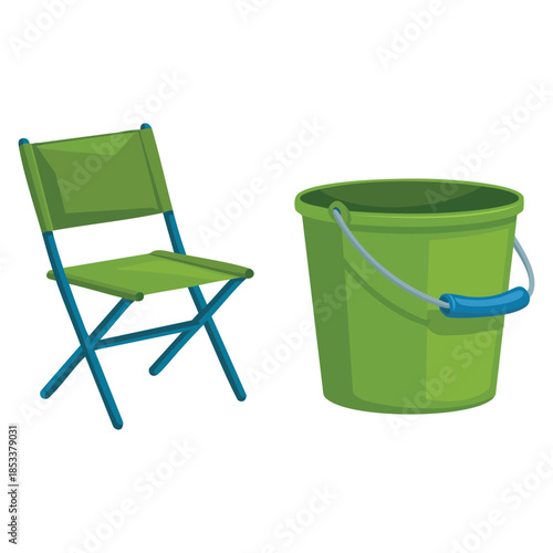 Fishing set vector illustration featuring green bucket, pail and chair suitable for fisherman themed, outdoor, nature, and leisure activity designs