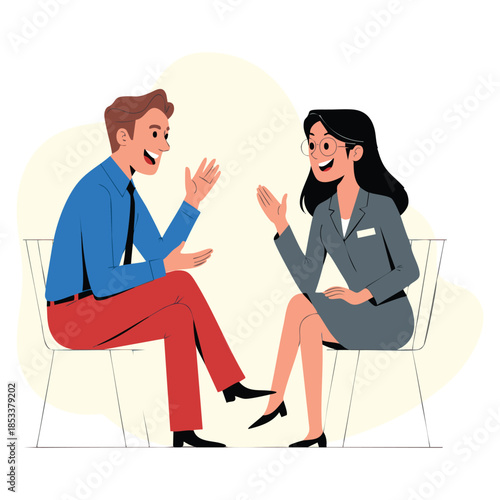 Flat vector illustration of businessman or celebrity character giving interview to female journalist with microphone at press conference and live reporting scene