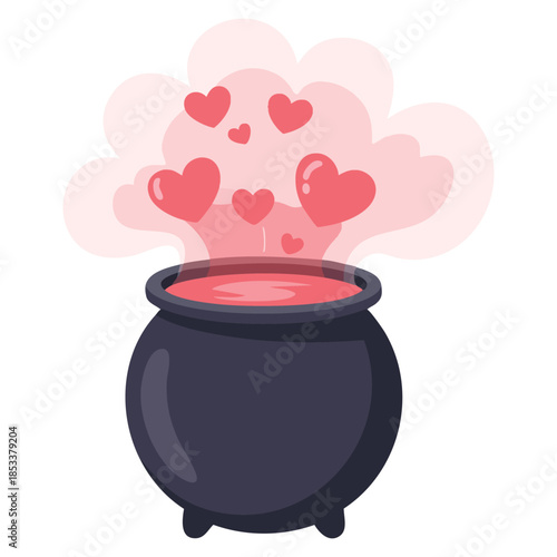 Flat vector illustration of cauldron with love potion suitable for magical fantasy witchcraft cartoon decorative potion themed creative designs