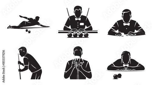 Billiard Players in Various Poses with Cue Sticks in Monochromatic Silhouette for Sports Illustration