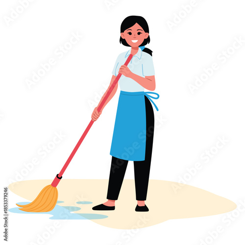 Flat vector illustration of female cleaner mopping floor professional staff character with equipment perfect for cleaning company service and housekeeping design concepts