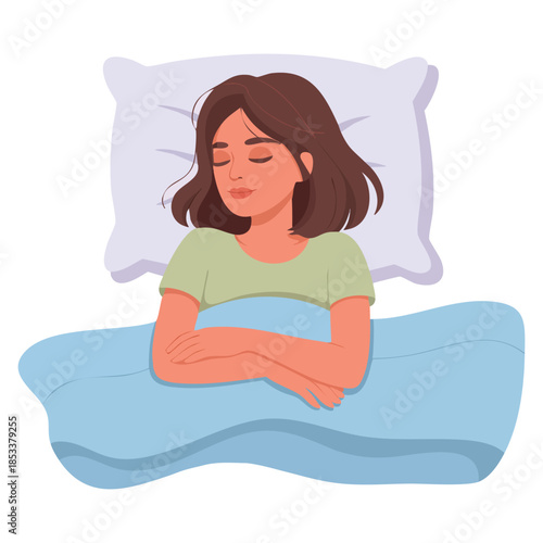 Flat vector illustration of happy people asleep with pillows and blankets lying alone in bed suitable for bedtime, dream, and relaxation themed artwork