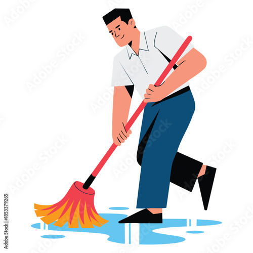 Flat vector illustration of male cleaner mopping floor professional staff character with equipment perfect for cleaning service housekeeping and maintenance themed artwork