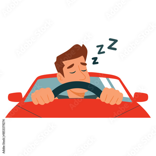 Flat vector illustration of traffic code character sleeping behind wheel perfect for cute educational, road safety, and driving themed creative artwork