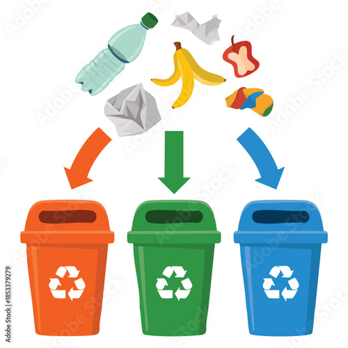 Flat vector illustration of waste sorting for recycling separation and disposal bins perfect for eco friendly environmental sustainability and education themes