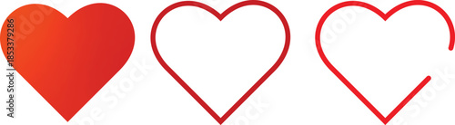 Three contrasting red heart shapes depicting stages of emotion and design isolated on transparent background, heart vector illustration 