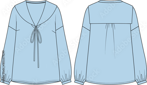 Fashion vector technical drawing illustration of a women's relaxed fit blouse featuring a sailor collar, front tie closure, and gathered balloon sleeves.