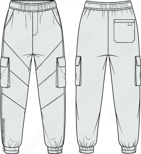 Fashion vector technical drawing illustration of modern unisex cargo joggers with contrasting geometric paneling, an elastic waist, and utility pockets.