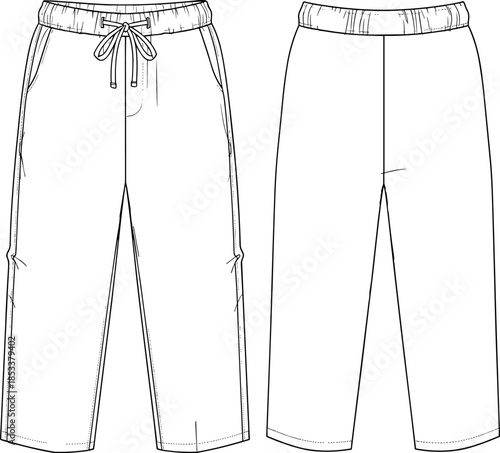 Fashion vector technical drawing illustration of women's cropped wide-leg trousers featuring a comfortable elasticated drawstring waist and slanted side pockets.