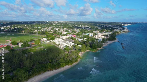 Savannah Beach Club and Sugar Bay Barbados aerial view at South Coast in city of Bridgetown, Saint Michael, Barbados. 