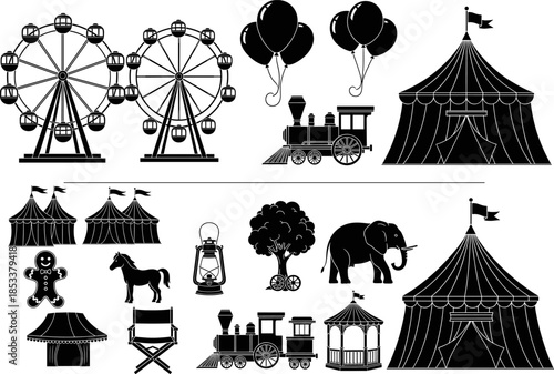 Festive carnival and circus themed vector illustration set featuring ferris wheels, tents, balloons, trains, animals, and decorative elements in bold silhouette style