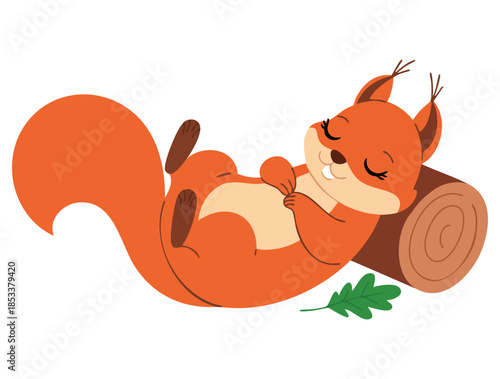 Fluffy red squirrel with bushy tail vector illustration sleeping leaning on log perfect for cute wildlife animal nature or forest themed creative design
