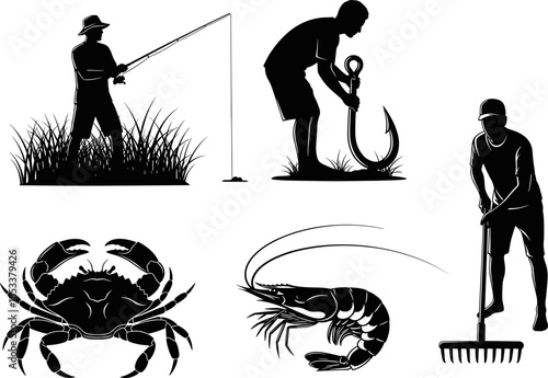 Fishermen and Seafood Silhouettes Vector Illustration, Featuring Anglers Fishing, Large Crab, Shrimp, and Man Raking Shoreline, Fishing and Aquaculture Graphic Elements.