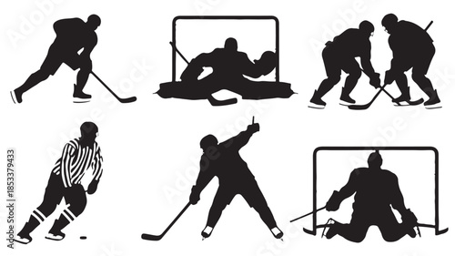 Ice Hockey Players in Action Silhouettes with Dynamic Movement and Black Texture for Sports Illustration