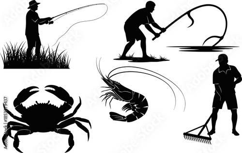 Fishermen and Seafood Silhouettes Vector Illustration, Featuring Anglers Fishing, Large Shrimp, Crab, and Man Raking Shoreline, Fishing and Aquaculture Graphic Elements.