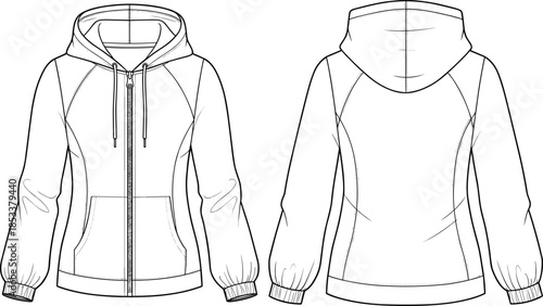 Fitted technical zip-up hoodie fashion flat sketch template, activewear sweatshirt design with raglan sleeves, drawstring hood, ribbed cuffs, and pouch pockets, front and back view, vector.