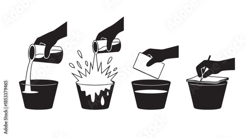 Paint being poured into a bucket in different pouring styles with black and white illustration for graphic design