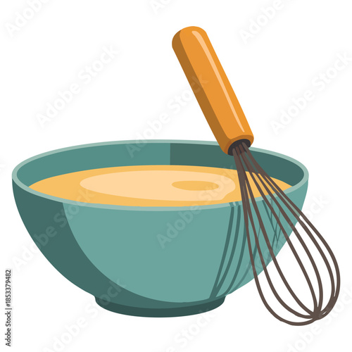 Freshly prepared dough in ceramic bowl vector illustration with whisk perfect for kitchen cooking baking or food themed cartoon style artwork