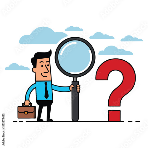 Frequently asked question searching for answers man holding magnifying glass looking through it at question mark points informational vector illustration
