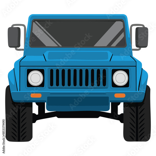 Front view of blue off road truck SUV pickup jeep car flat vector illustration perfect for automotive design transport vehicle offroad or adventure themed artwork