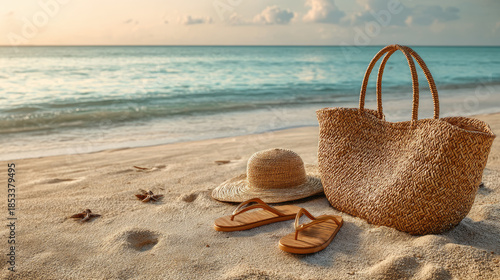Straw tote and tan sandals on beach concept. Beach scene with straw bag, hat, and flip-flops at sunset.