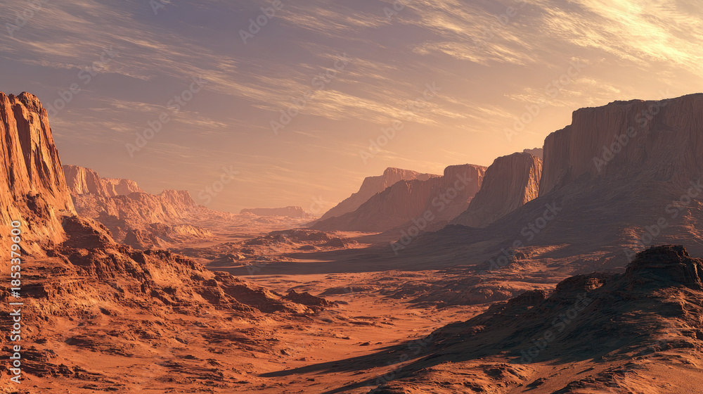 Naklejka premium Mars landscape showing rock desert and sky concept. Desert canyon under a dramatic sunset, serene and vast.