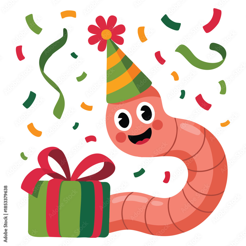 Naklejka premium Funny pink worm character with long tube body holding gift box vector illustration perfect for cartoon mascot playful children themed greeting or festive design