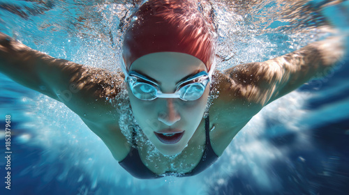 Athletic woman swimming underwater in clear pool concept. Determined swimmer underwater in action-packed swimming scene.