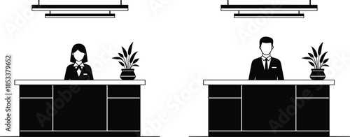 Black silhouette of male and female receptionists at office desks with indoor plants and modern lighting for corporate business design,