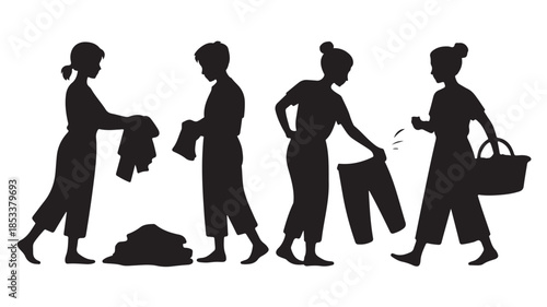 Woman Doing Laundry Silhouette in Simple Style with Black Color on White Background for Household Chore Illustration