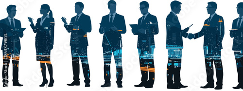 Business silhouettes, cityscape overlay, corporate teamwork, urban connection, double exposure, professional collaboration, modern business, digital art, networking, illuminated skyline