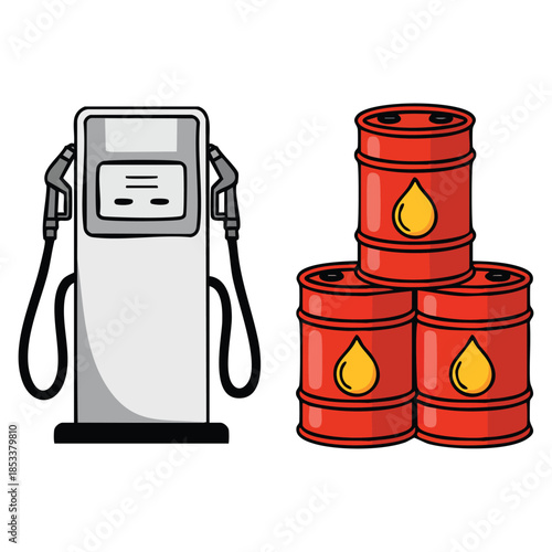 Gasoline filling station vector set illustration with pumps and oil barrels perfect for petroleum industry, fuel, automotive, and service station themed artwork