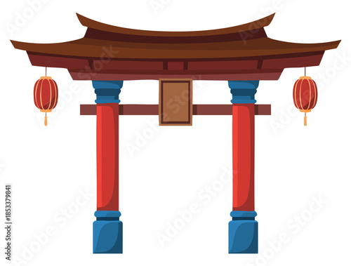 Gate as symbolic entrance at Shinto Shrine and Chinese architecture vector illustration perfect for cultural heritage design and historical artwork
