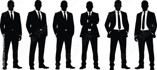 Business silhouettes, professional attire, corporate team, formal pose, office illustration, black and white, leadership concept, group stance, suit style, teamwork
