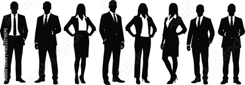 Business team silhouettes, corporate professionals, male and female figures, formal attire, black and white vector, teamwork, leadership, unity, office style, posture