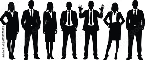 Business team, professional silhouettes, corporate group, leadership gesture, formal attire, teamwork concept, office illustration, black and white, workplace diversity, pose